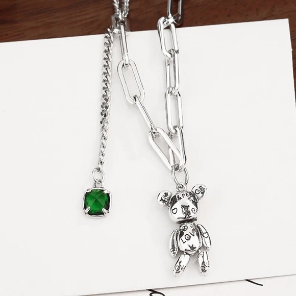 New - Anthropologie Patina Silver Cute Bear Love Peace Heart Necklace - Picture 10 of 15